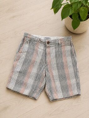 Tommy Bahama Linen Silk Shorts Sz 34‎ Tan Plaid 10" Resortwear Beachy Normcore